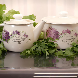 Набір емальованого посуду БонАпетіт Бузок Кастрюлі (1,5л + 2л)  + чайник