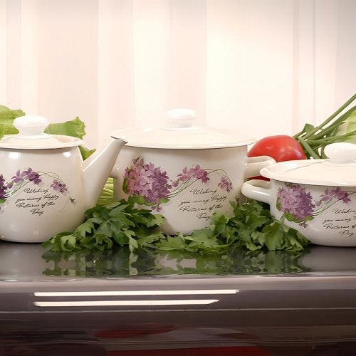 Набор эмалированной посуды БонАпетит Сирень Кастрюли (1,5л + 2л) + чайник