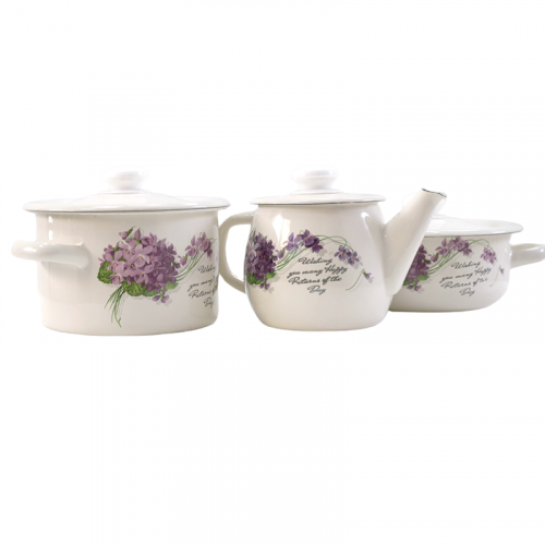 Набор эмалированной посуды БонАпетит Сирень Кастрюли (1,5л + 2л) + чайник